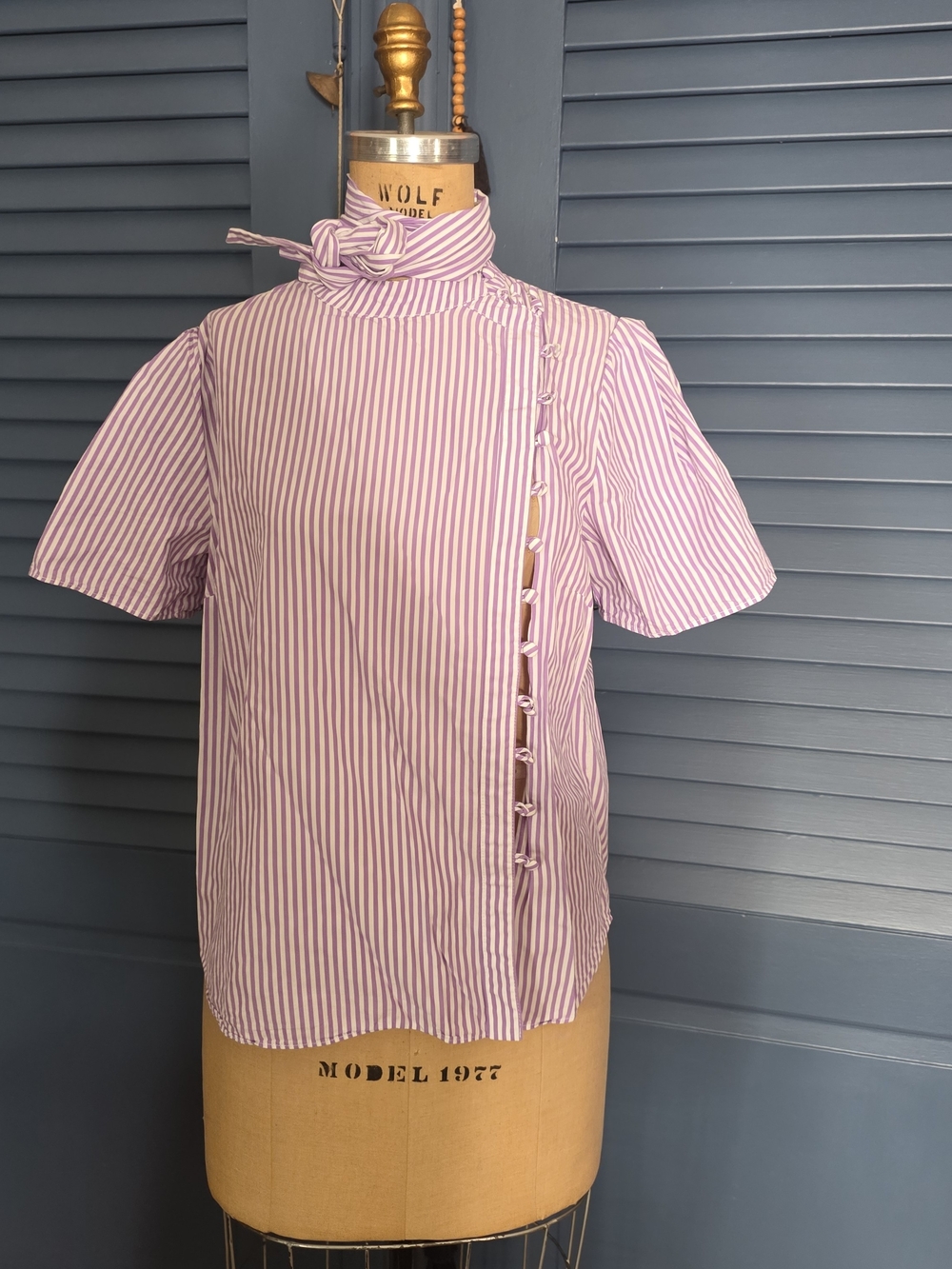 Adam Lippes Collective x RTR Striped Tie Neck Asymmetric Button Blouse Purple 8